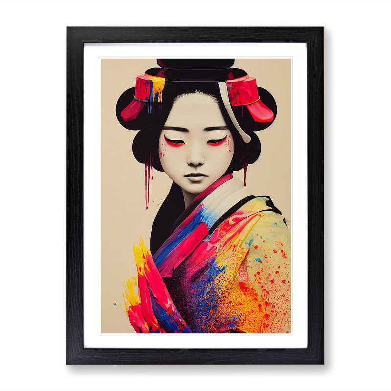 XV1022-4088X Splashed Geisha No.3 1 Piece Single Picture Frame Painting, 64cm H x 46cm W x 2cm D, Black