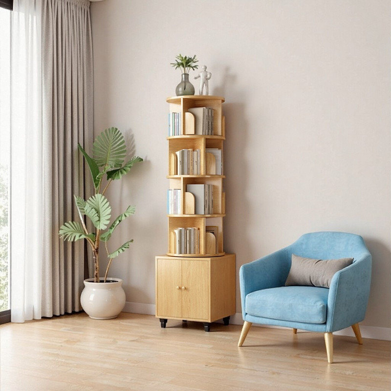 Bibliothèque rotative à 5 niveaux avec tiroir de rangement, Naturel