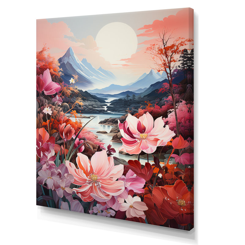 Paysage de montagne rose au Japon - reproduction sur toile, Toile tendue, H 32 po x l 16 po