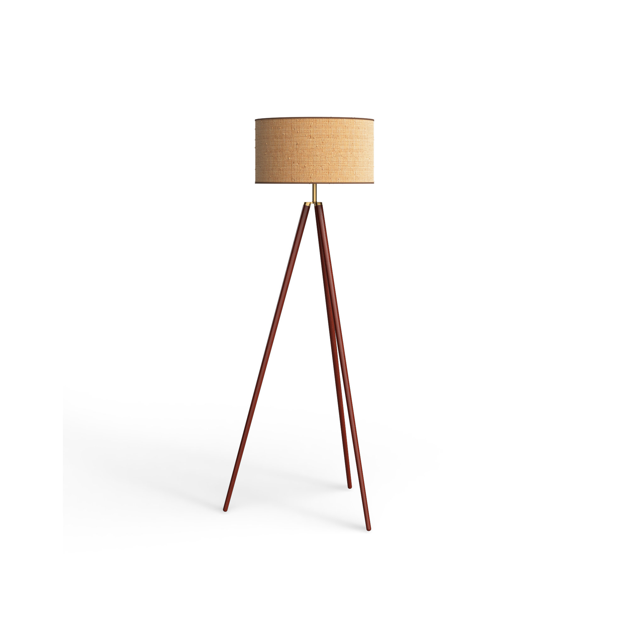 Kisa 60.5'' Dimmable Floor Lamp, Walnut Wood w. Antique Brass Accents, Woven Natural Rattan Shade w. Beige Trim