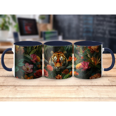 Realistic Animal Design 11oz Accent Mugs – Ceramic Coffee Cup with a Navy Handle and Interior