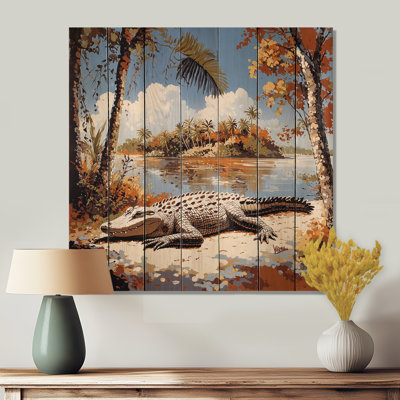 Gator Bask Of Crocodile - Modern Green Wood Print On Natural Pine Wood