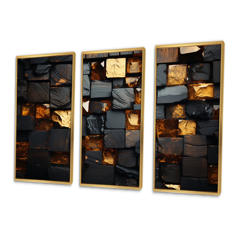 Cubes dorés abstraits géométriques III - art mural géométrique, Cadre flottant doré, H 28 po x l 36 po x P 1 po