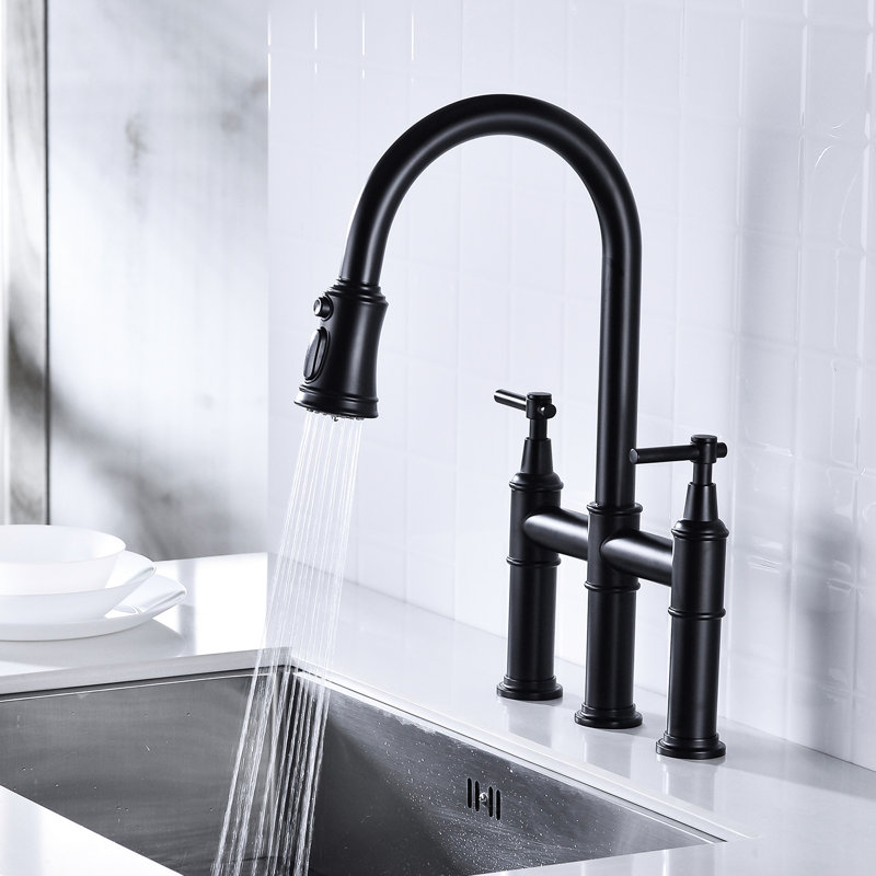 Matte Black Kitchen Faucet With Pull-Down Option - Dual Handle Switch For Accurate Water Control 360-Degree Rotatable High Nozzle Expanded Cleaning Space Brass Material Dependability Bridge Efficient