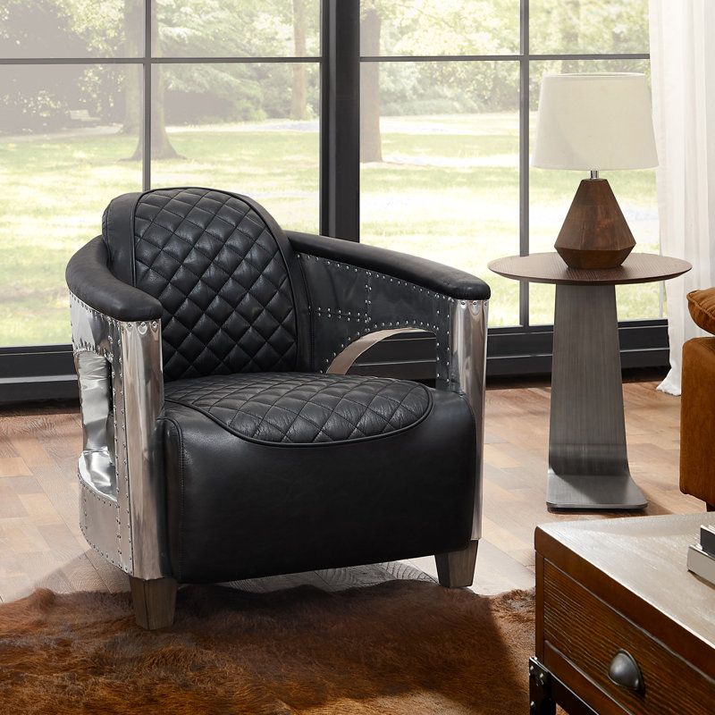 Full Grain Genuine Leather Accent Arm Chair with Nailhead Trim , Black