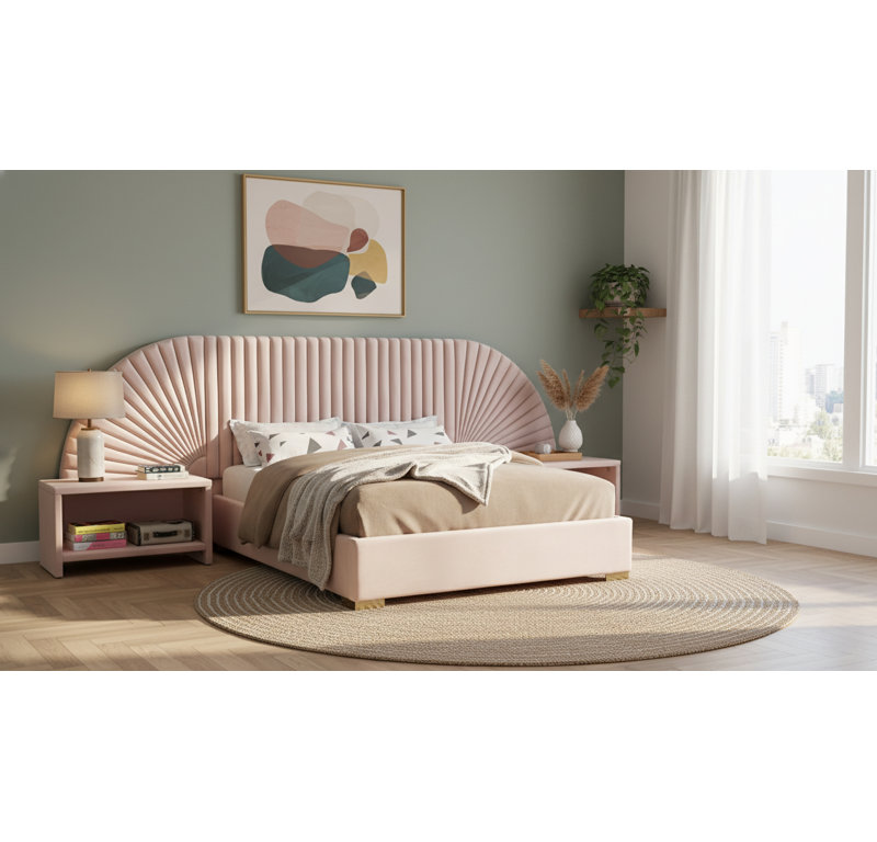 Upholstered Panel Bed, King, Pink Velvet