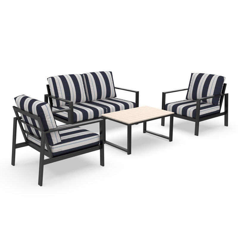 Ensemble de conversation Ulrica avec coussins Sunbrella®, 4 pièces: table, causeuse, 2 chaises, Blue Striped