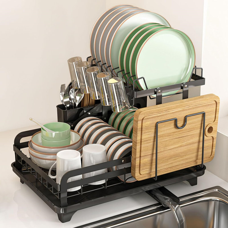 2-tier metal dish drying rack, no installation required Sturdy dish rack for kitchen countertops with draining board Multifunctional storage and draining unit