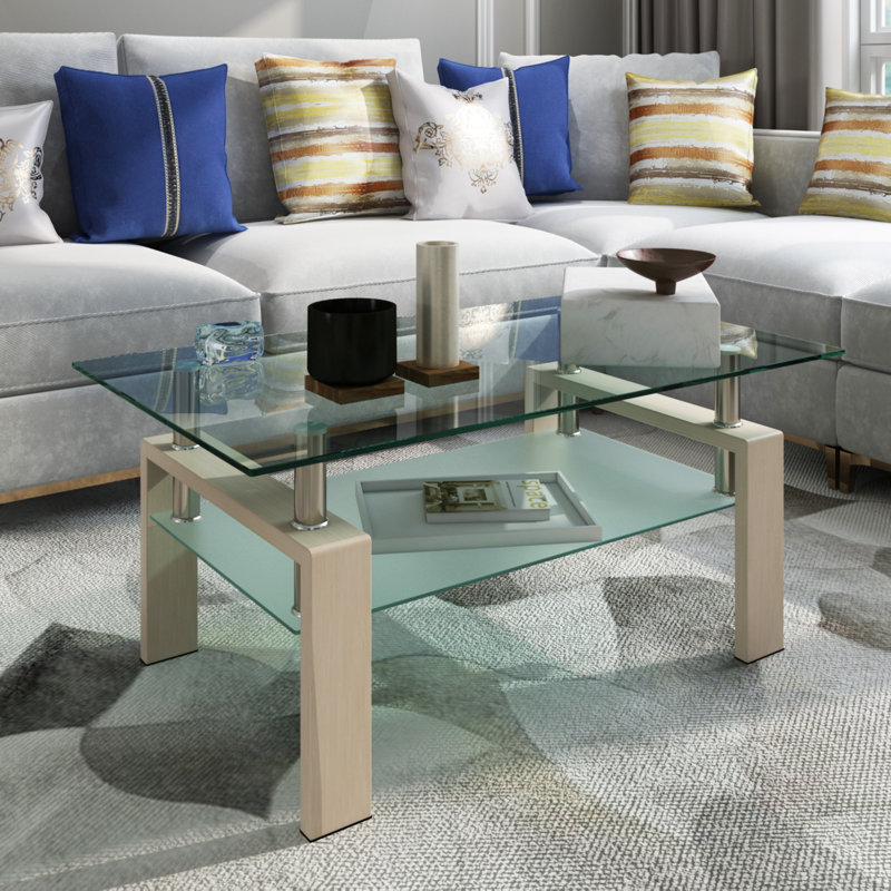 Table basse rectangulaire en verre noir, Chêne