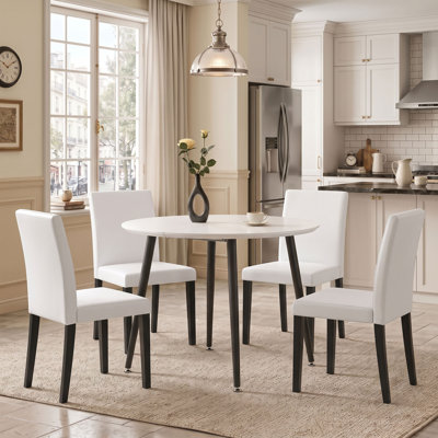 Pull table dining chair set, white medium density fiberboard, 74.8" x 43.3" x 30", Metal, Set of 5, Dining Table Set, Black and White, Extendable