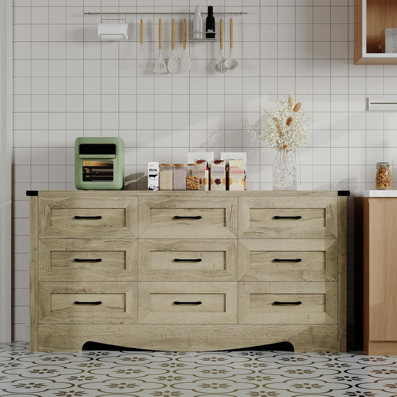 Commode 9 tiroirs 59 po, armoire de rangement en bois avec ensemble anti-basculement pour chambre à coucher, salon et bureau personnel 59 po