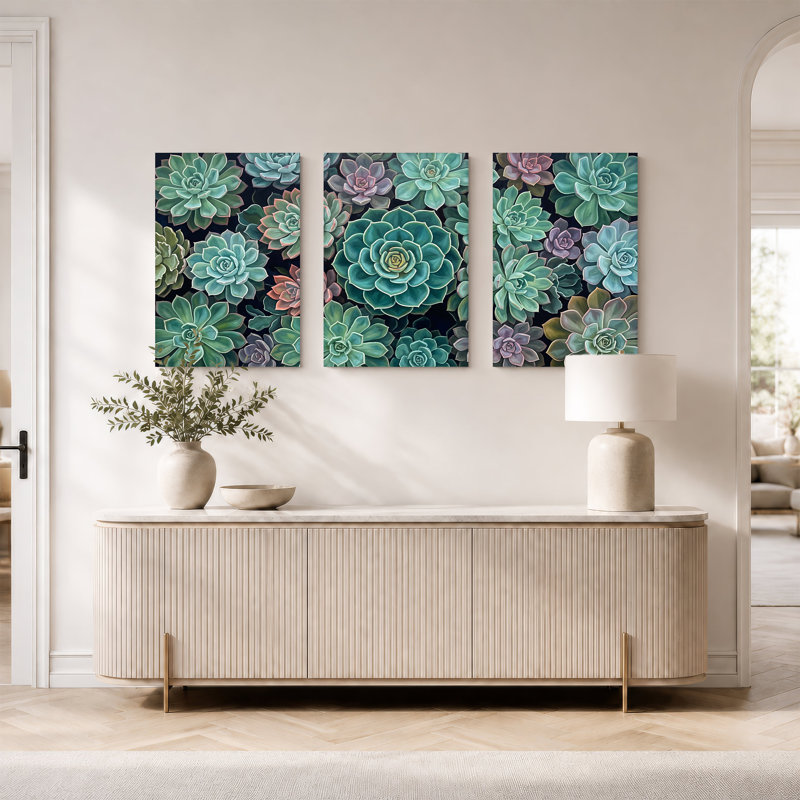 Ensemble de 3 plantes murales sarcelle et vertes sur fond sombre, H 30 po x l 20 po x 3 pièces