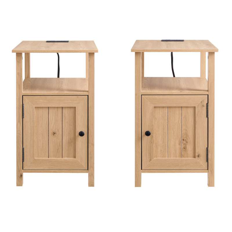 Nightstand  with Charging Station, w/Storage Space, with Groove Barn Door & Open Shelves for Bedroom, Gray