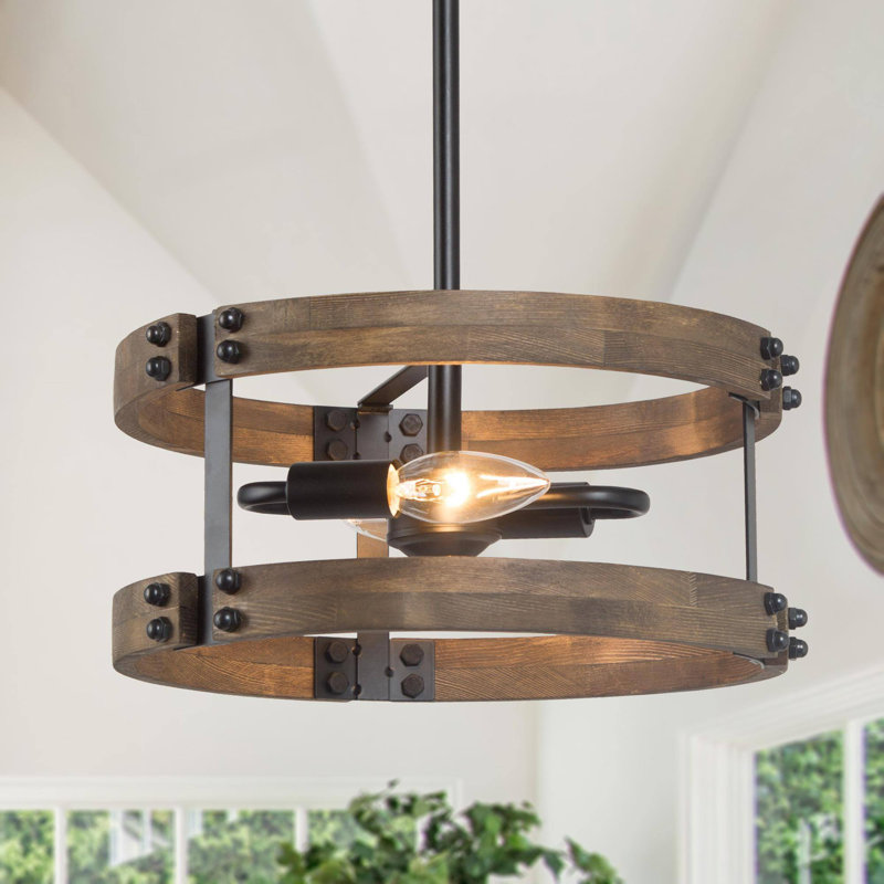 Luminaire suspendu tambour en bois à 2 lumières Freddi
