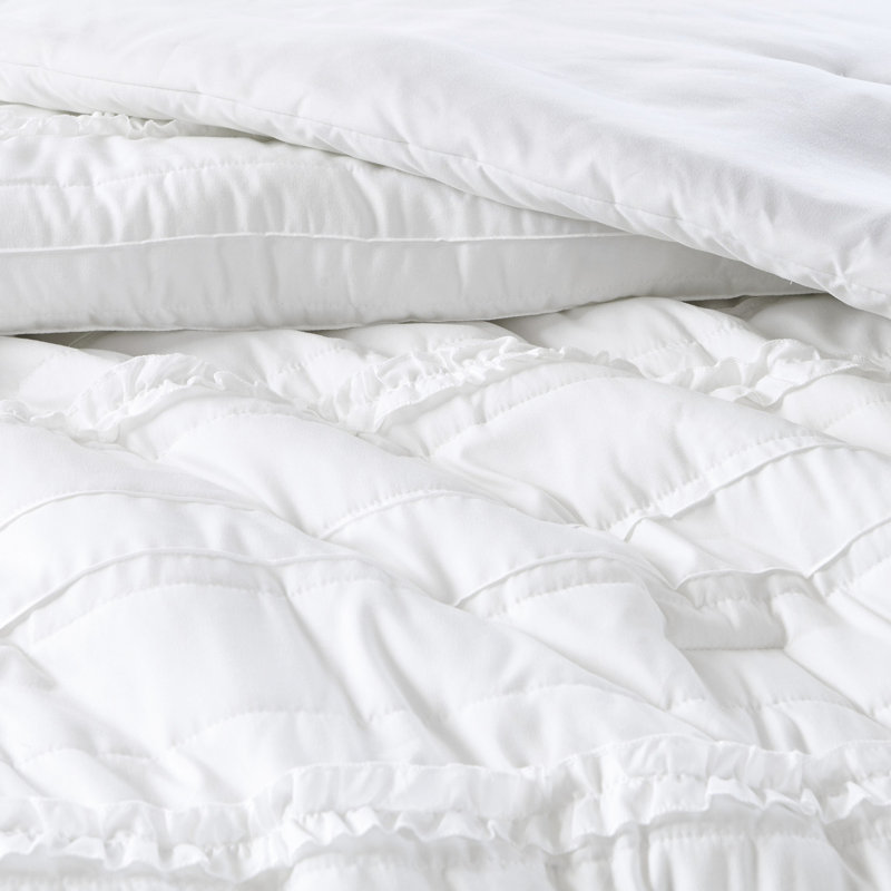 Édredon en microfibre blanc - grand, à volants et 5 avec édredon, 2 taies décoratives, coussin décoratif, jupe de lit, facile à nettoyer, détails de style grand lavable à la machine, rembourrage, jupe