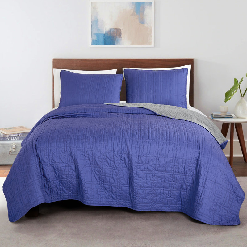 Polyester Coverlet, King Coverlet/Bedspread + 2 King Shams, Royal Blue/Grey