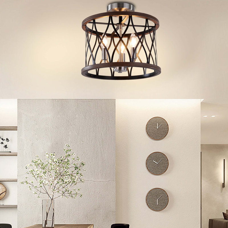 3-Light 13.75"W Black, Brushed Nickel, and Wood Grain Caged Drum Candelabra Semi-Flush Mount
