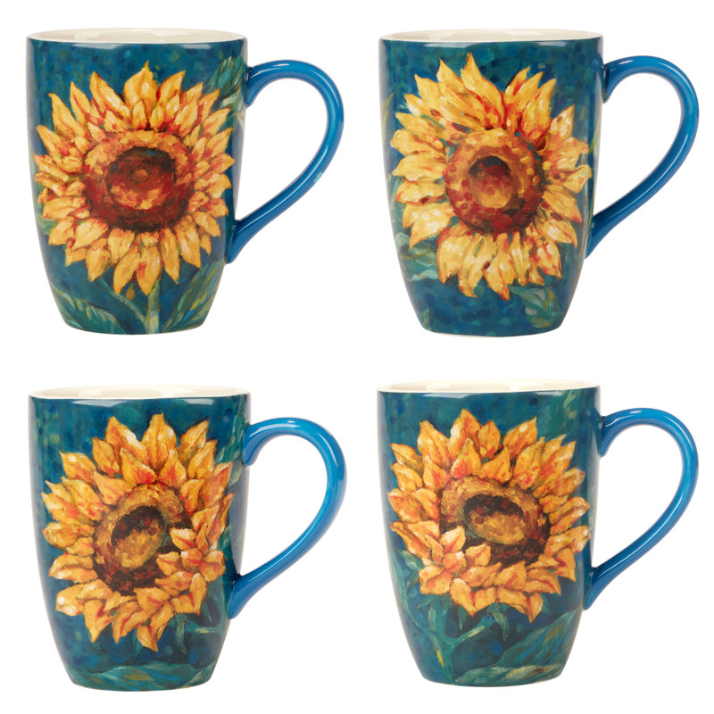 Golden Sunflower Blue Ceramic 20 oz Mug Set