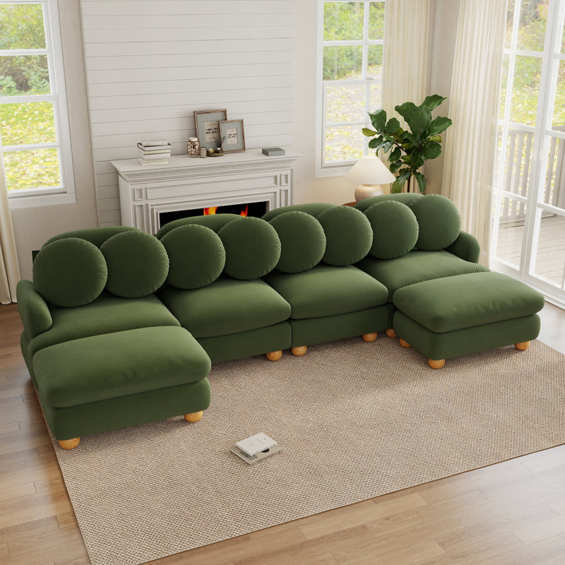 Ensemble de salon modulaire 6 pièces en chenille avec 2 poufs, 8 coussins ronds et pieds en bois massif, vert olive