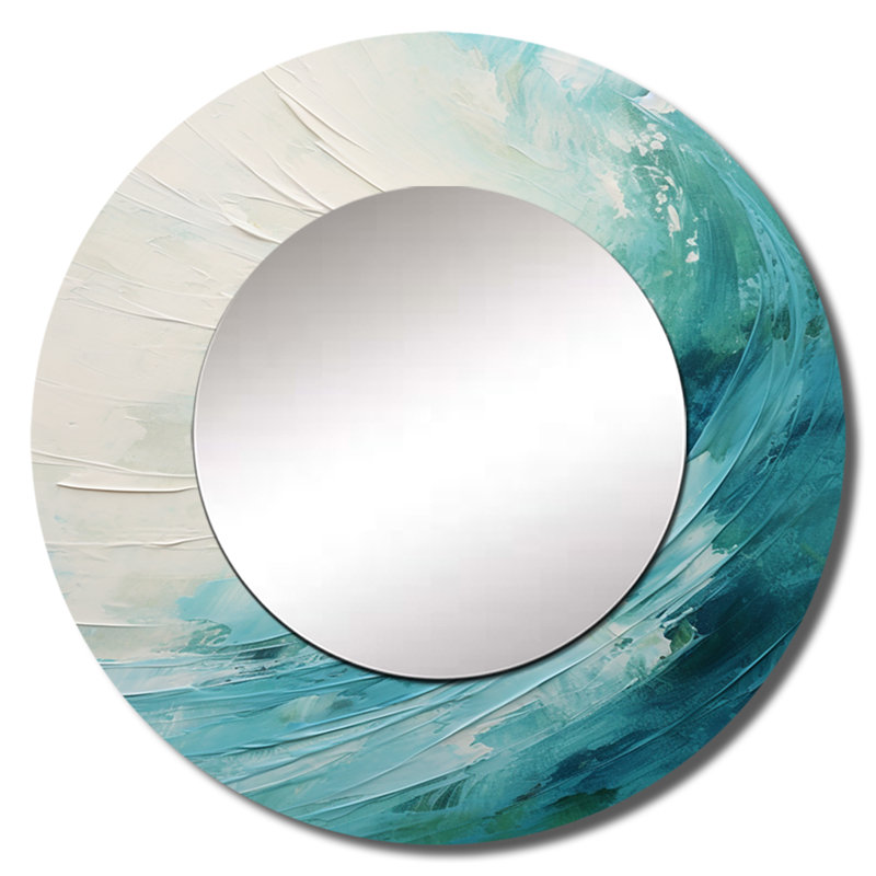 Teal Twist Tranquility Spiral - grand miroir mural spirales abstraites, miroir rond bleu unique, impression sur métal