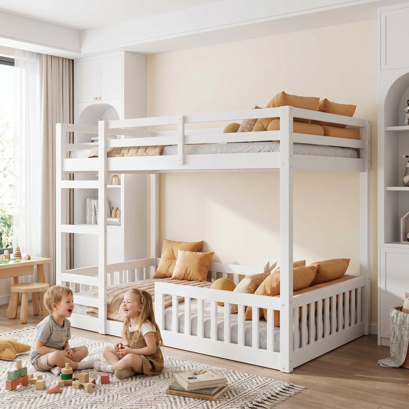 Lit superposé double en bois massif avec échelle et garde-corps blancs | Solution pour chambre d'enfant peu encombrante
