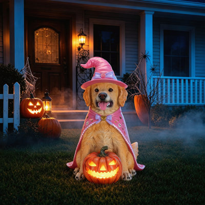 Halloween Golden Retriever Dog Statue with Witch Hat and LED Light Up Pumpkin
