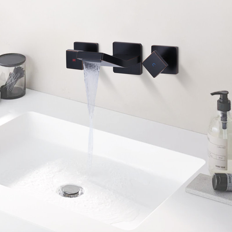 Robinet de meuble-lavabo mural à deux poignées en laiton avec valve en laiton, Bronze frotté à l'huile