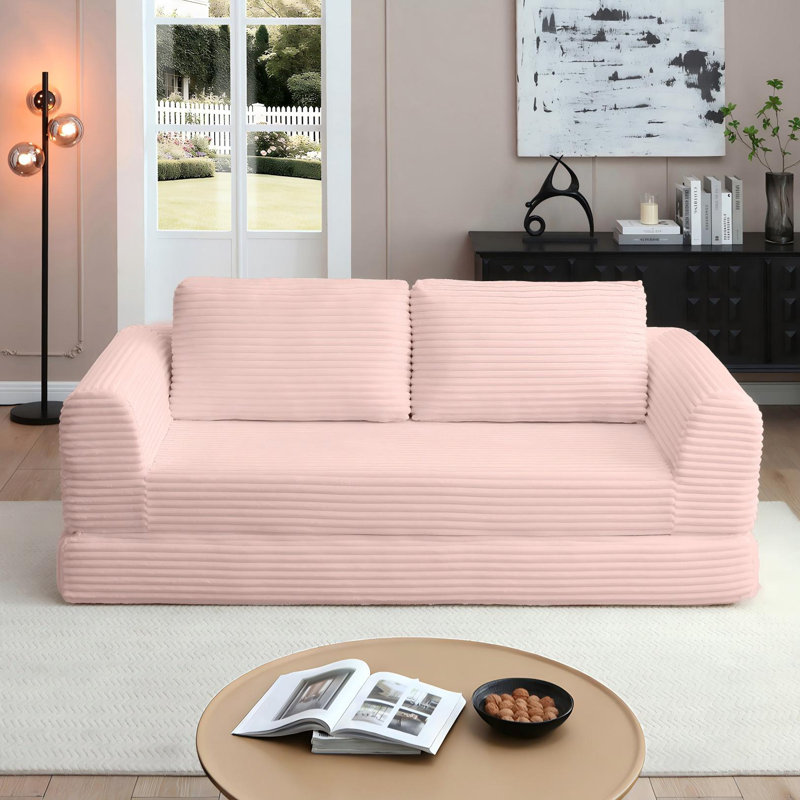 Canapé-lit rembourré 82 po avec 2 coussins en velours côtelé rembourré Corduroy - aucun assemblage requis, Rose