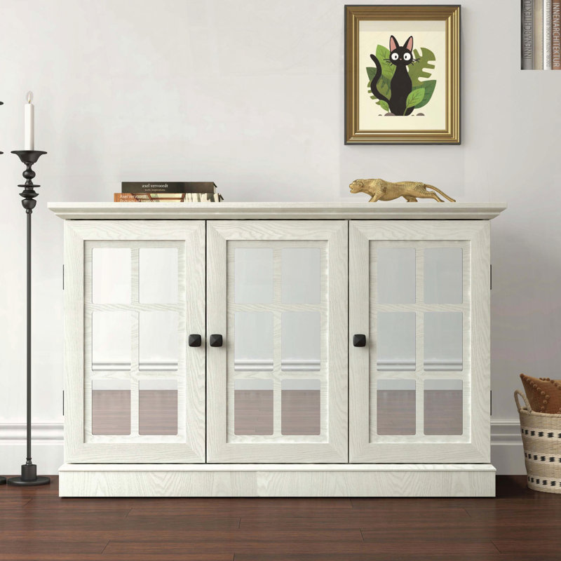45 Mirrored Door Storage Cabinet, White Oak