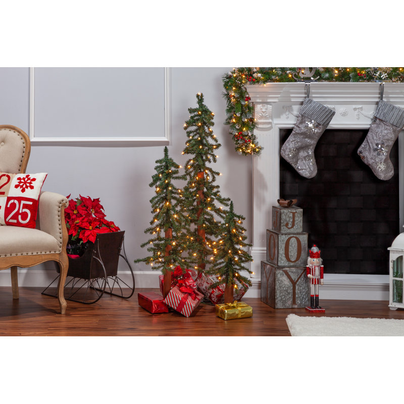 Pre-Lit Alpine Trees With UL LED Lights (Set Of 3)