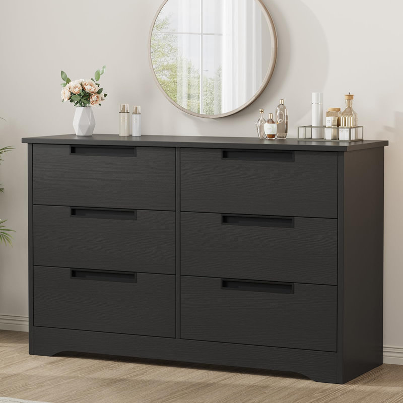 Commode 6 tiroirs moderne noir avec poignées intégrées, rangement en bois pour chambre à coucher