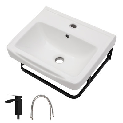 17" x 14" White Ceramic Wall-Mount Bathroom Sink Set with Black Faucet, Supply Lines & Towel Bar, Compact Rectangular Vanity Basin with Overflow