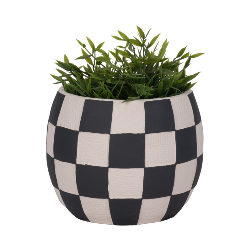 Sagebrook Home 8" Checkerboard Rounded Planter, Black/White, 7" H x 8" W x 8" D