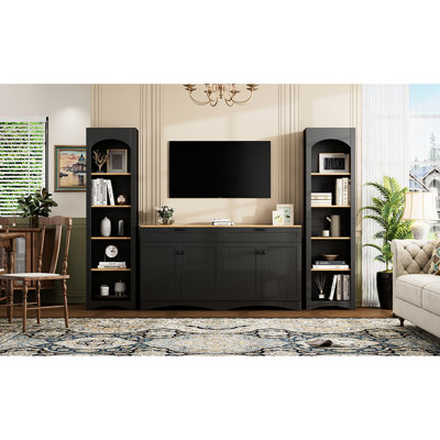 Meuble audio-vidéo rustique avec meuble de rangement pour téléviseur de 70 po, meuble télé de style Mid-Century, tablettes réglables, buffet polyvalent pour salon, meuble télé et bibliothèque noirs
