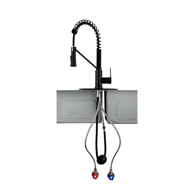 Robinet de cuisine en métal noir mat à fixation sur le comptoir, 1,8 gallon par minute avec distributeur escamotable et savon, robinet de corrosion noir, finition anticorrosion