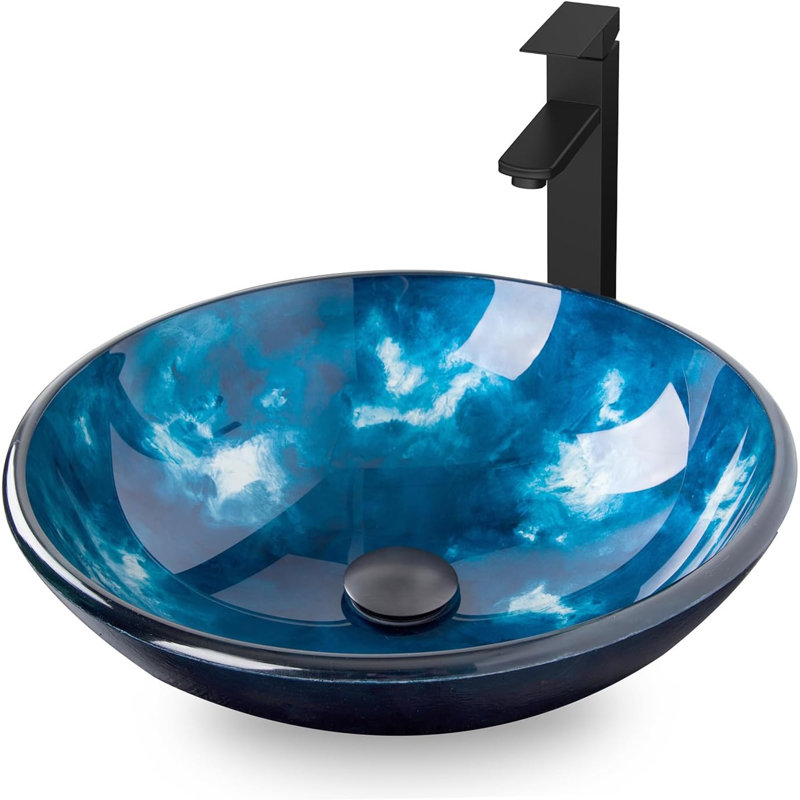 Bathroom Artistic Vessel Sink, Tempered Glass Vanity Round Bowl With Oil Rubber Bronze Faucet And Pop Up Drain Set, Ocean Blue