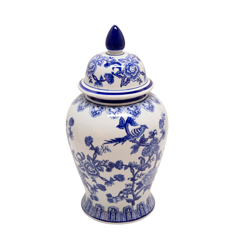 Ceramic Chinoiserie Ginger Jar with Lid, 18" H x 10" W x 10" D