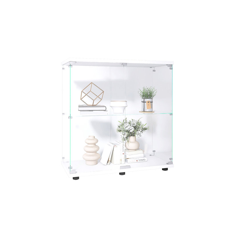 Vitrine en verre 2 couches avec 2 portes, vitrines, comptoir vitrine vitrée avec serrure, verre trempé avec base en panneau de fibres à densité moyenne