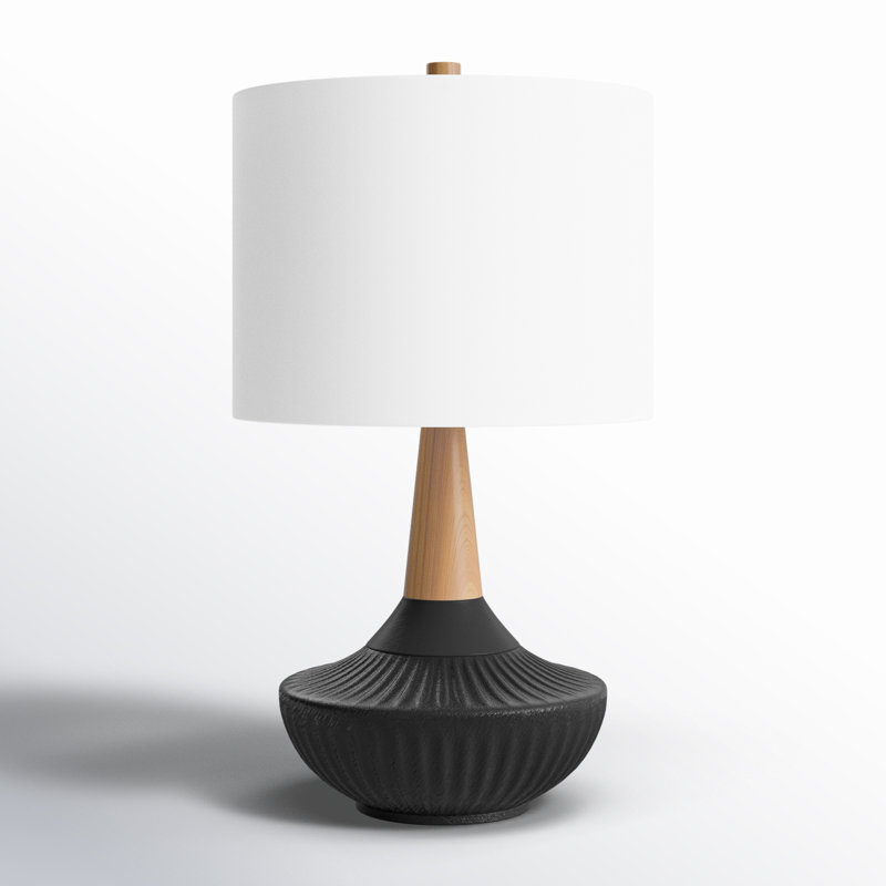 Britt 23" Black Lodge Dimmable Ceramic Solid Wood For Bedroom Living Room Bedside Desk Nightstand Single Table Lamp With White Linen Drum Shade 