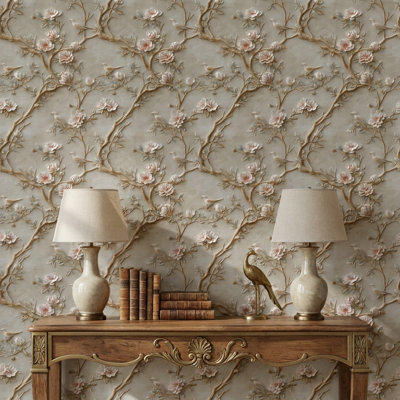 Papier peint floral, oiseaux, décoration murale traditionnelle amovible