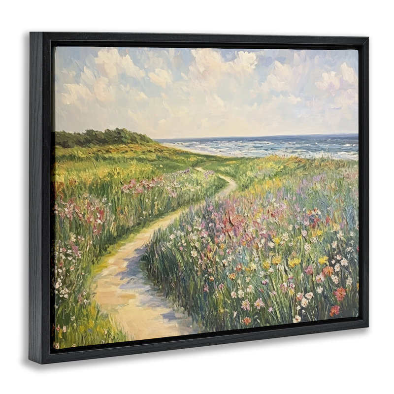 Impressionist Coastal Meadow Floating Frame, design by Petal Prints Design, Jet Black Floater Frame, 17" H x 21" W