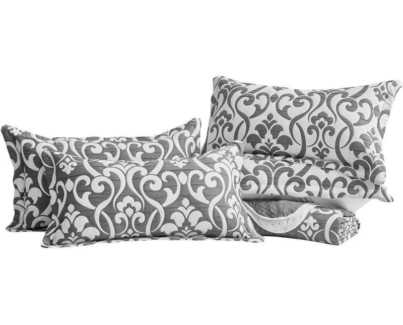 5-Piece Oversized Jacquard Matelasse Floral Damask Bedspread Set Textured Dot Scalled Edge Border, White/Dark Gray Damask