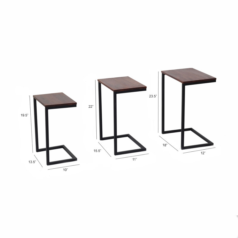 Ensemble de 3 tables d'appoint Hadarah brun châtaignier avec base en métal noir, table de canapé et table de bout
