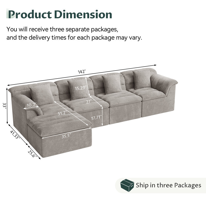 111.8" Modular Cloud Sofa with Ottoman, Boneless L-Shape Couch, Comfy Corduroy Couches for Living Room, Light Gray