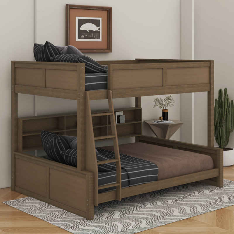 Lit superposé avec armoires de rangement et ports USB, Double TG sur grand, Bois antique