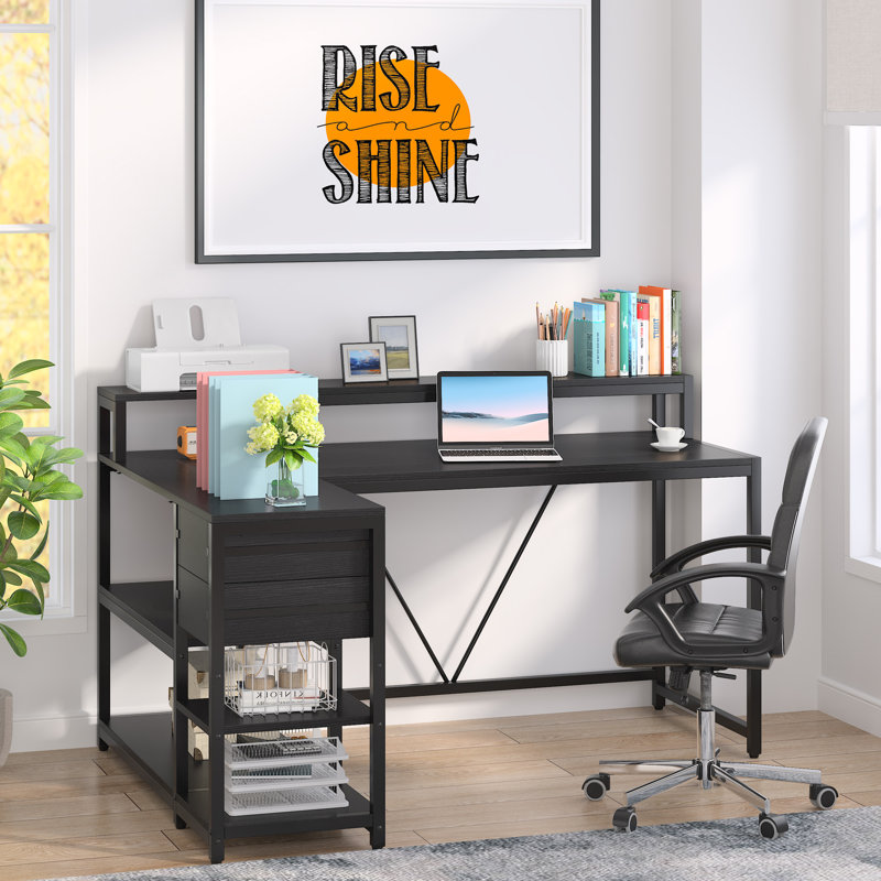 Bureau d'ordinateur en forme de L réversible avec support pour écran, Noir