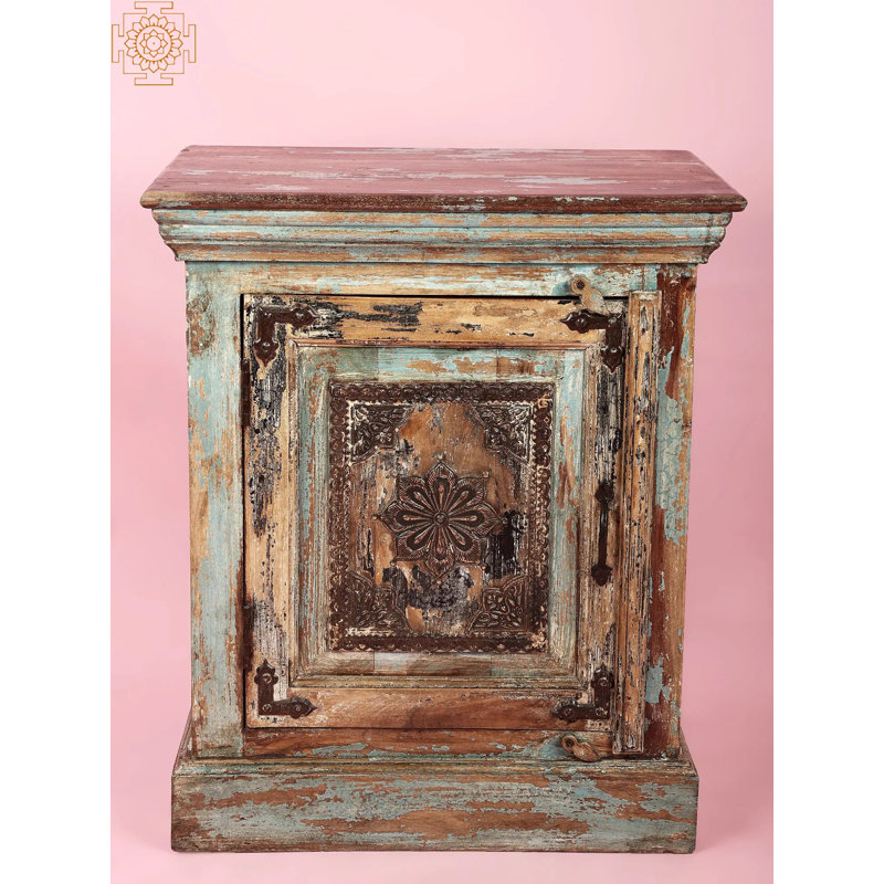23" Solid Wood Side Table with Brass Accents | Handcrafted Vintage End Table | Global Bohemian Nightstand | Antique Brown Finish