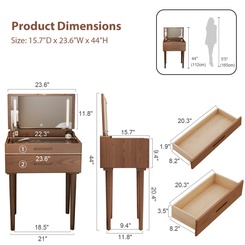Solid Wood Makeup Vanity, Flip‑Top Lighted Mirror, Glass Tabletop, 3‑Mode Adjustable Brightness, Easy Assembly, Brown