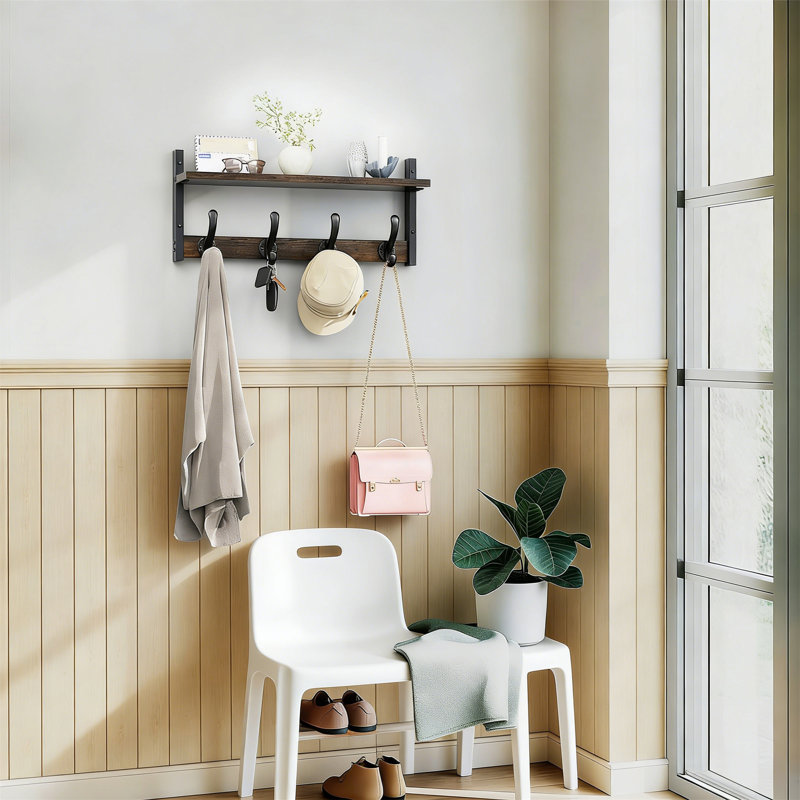 20" Rustic Brown Wall Mount Coat Rack With Shelf
