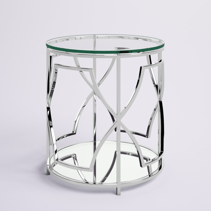 Table de bout ronde en verre avec rangement Pangea Home Benson Edward - Table d'appoint ronde moderne - Plateau en verre trempé avec base en acier argenté pour le salon ou la chambre à coucher - Table de bout / d'appoint en acier
